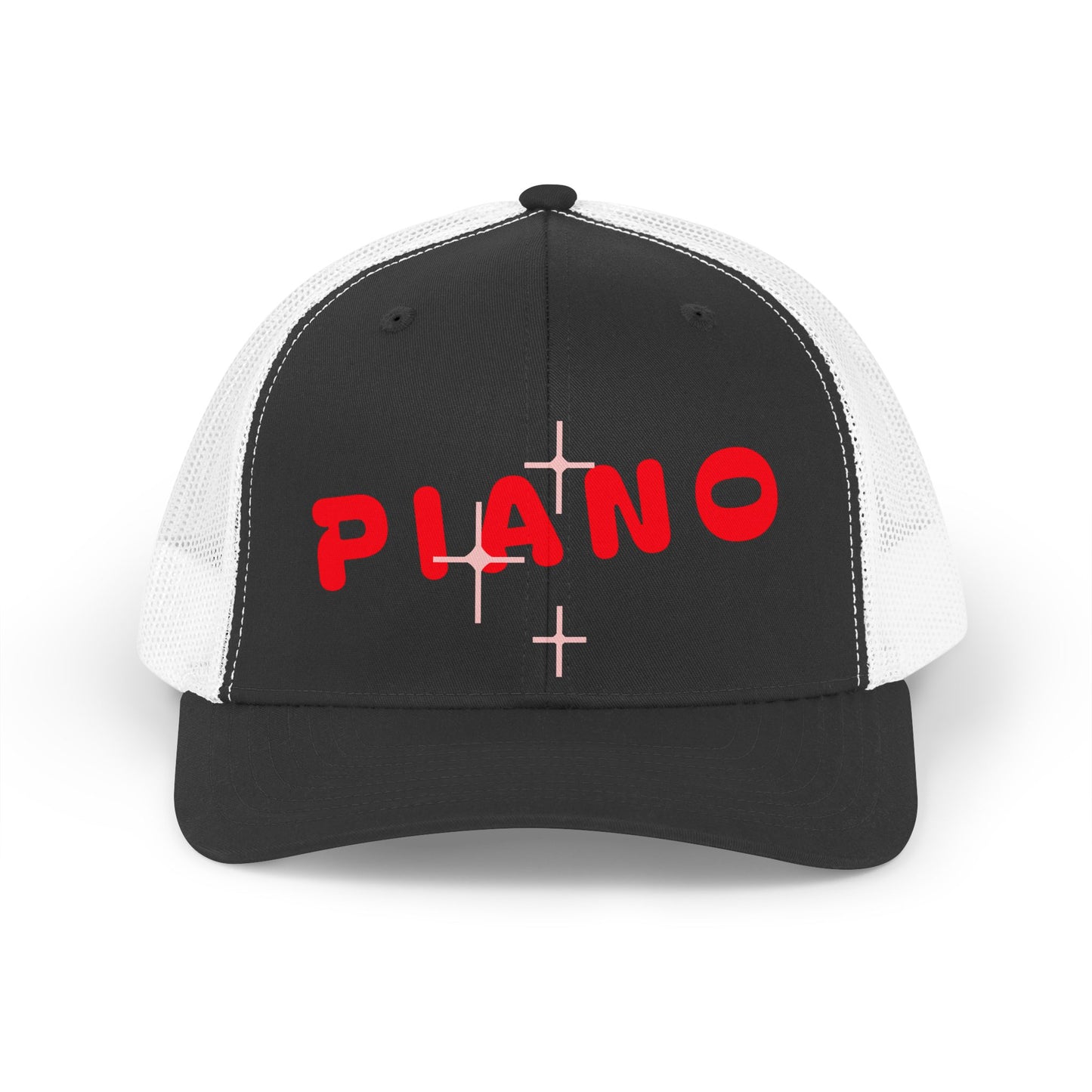 Piano Retro Trucker Hat — Vintage Red Logo Mesh Cap for Musicians & Fans