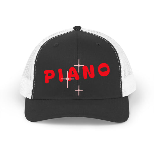 Piano Retro Trucker Hat — Vintage Red Logo Mesh Cap for Musicians & Fans