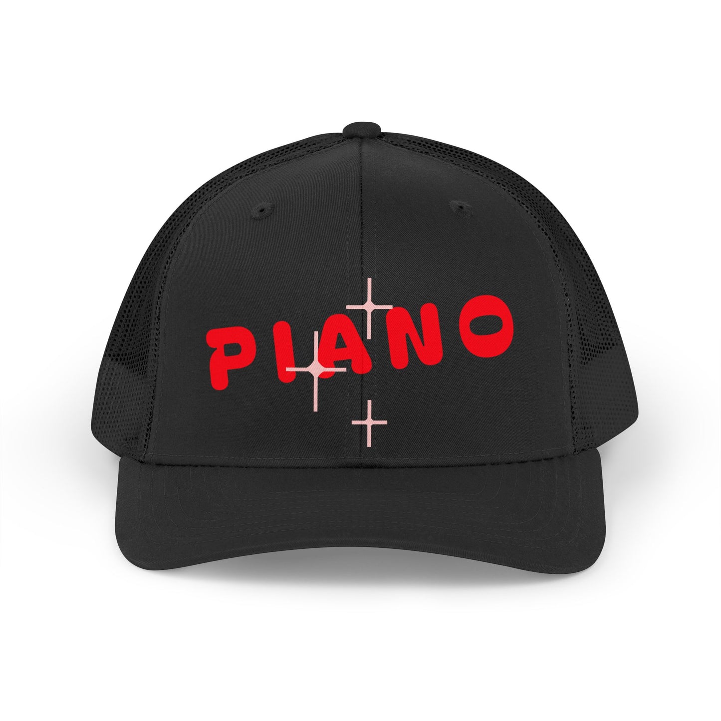 Piano Retro Trucker Hat — Vintage Red Logo Mesh Cap for Musicians & Fans