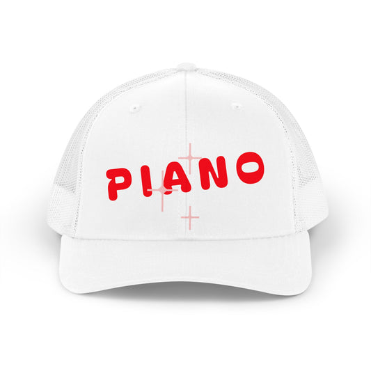 Piano Retro Trucker Hat — Vintage Red Logo Mesh Cap for Musicians & Fans